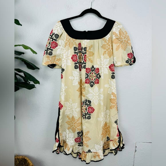 Vintage Island Attitudes Cream Ruched Hibiscus Floral Tan Midi MuuMuu - Picture 7 of 9